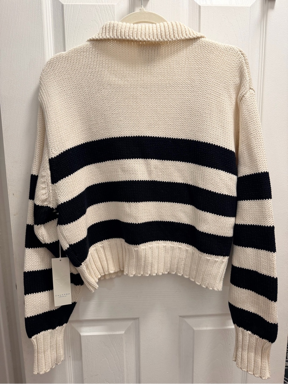 Calypso St. Barth Cream and Black Striped Collared Knit Sweater - Picture 5 of 6